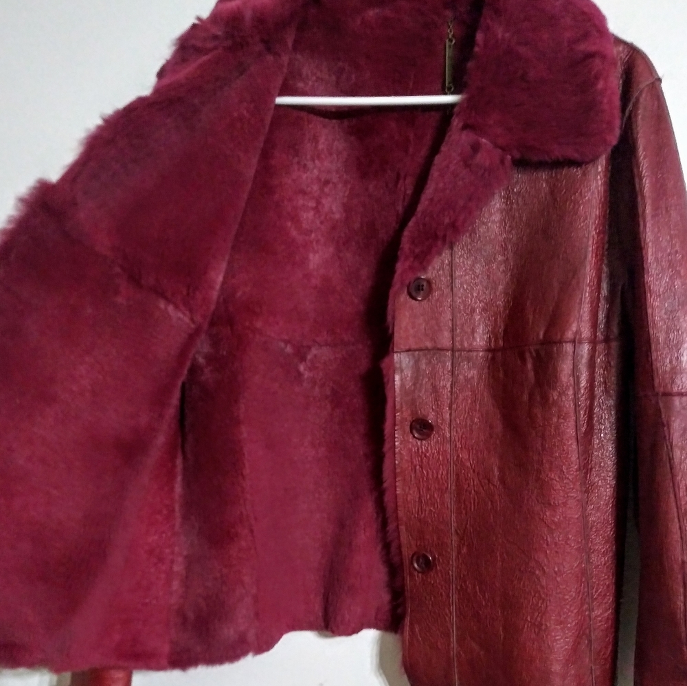 100% Rabbit Fur / Leather  Ruby Red Jacket Sz M
